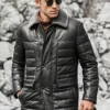 Boston Men's Black Real Leather Puffer Coat with Fur Collar