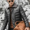 Boston Men's Black Real Leather Puffer Coat with Fur Collar - Image 2
