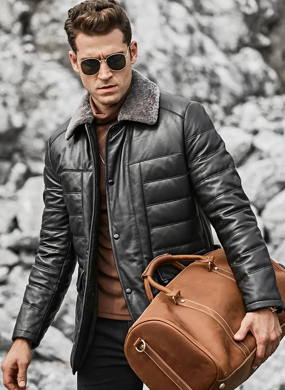 Alternative view of Boston Men's Black Real Leather Puffer Coat with Fur Collar
