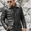 Boston Men's Black Real Leather Puffer Coat with Fur Collar - Image 4