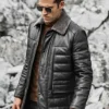 Boston Men's Black Real Leather Puffer Coat with Fur Collar - Image 5