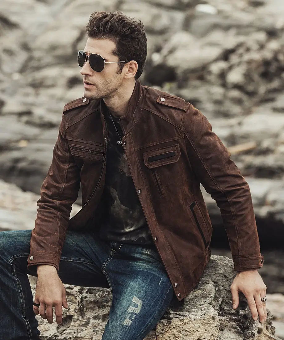 Charlotte Men's Biker Dark Brown Suede Leather Jacket - Image 5