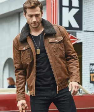 Alternative view of Chris Men's Real Brown Leather Jacket Removable Fur Collar