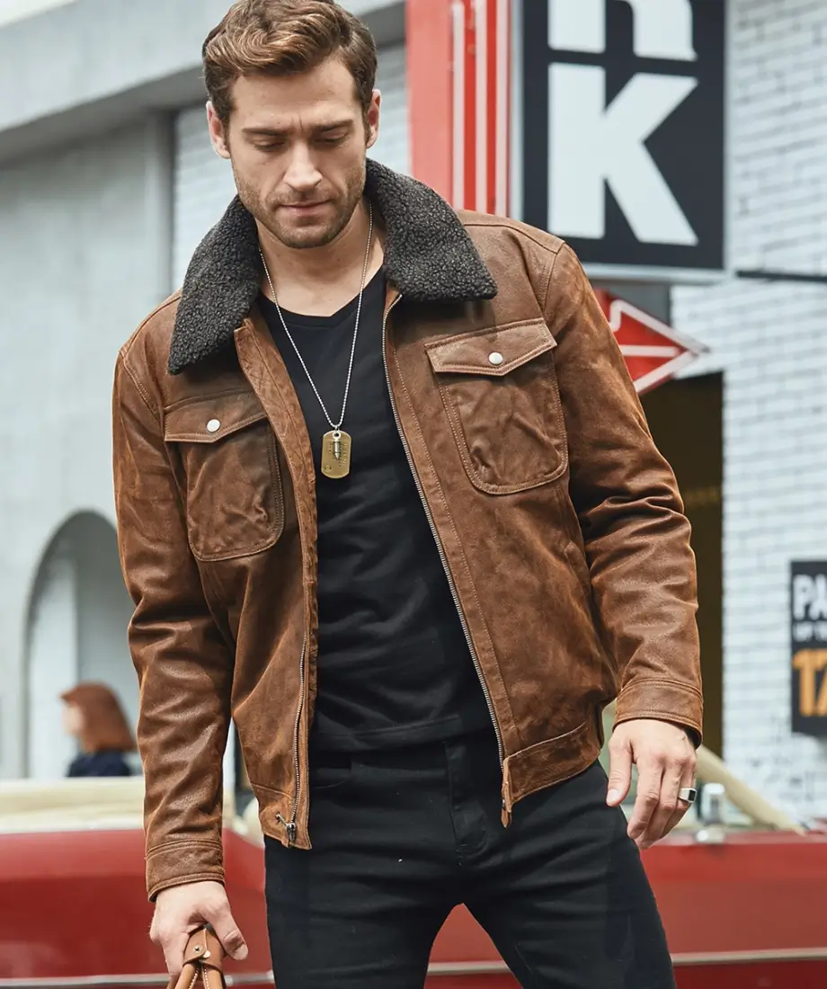 Chris Men's Real Brown Leather Jacket Removable Fur Collar - Image 2