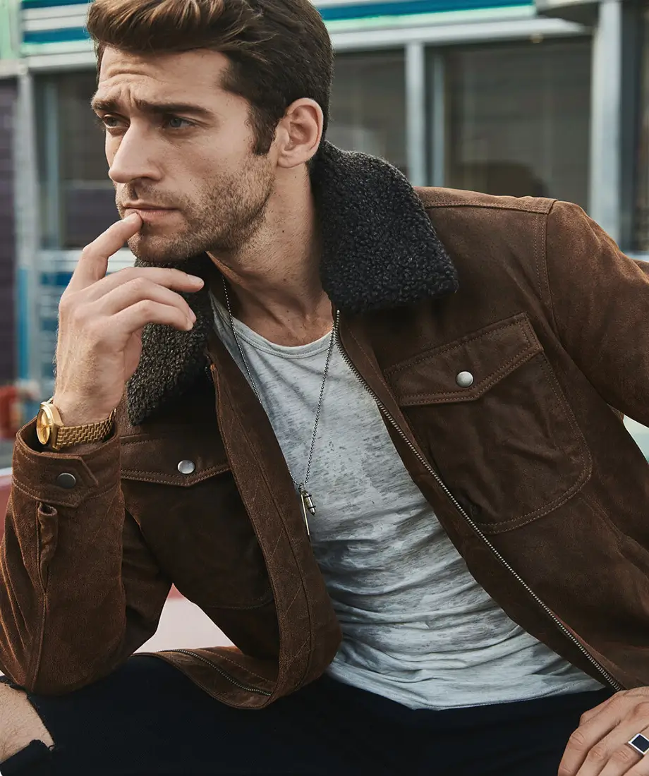 Chris Men's Real Brown Leather Jacket Removable Fur Collar - Image 4