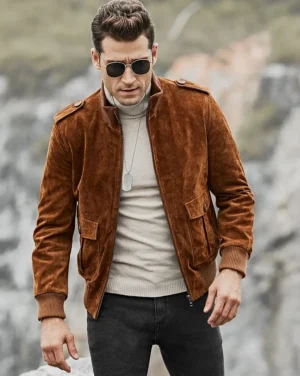 Alternative view of Dallas Mens Stand Rib Collar Brown Bomber Suede Leather Jacket