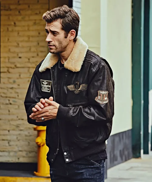Alternative view of Denver Men's Black Flavor Bomber Leather Jacket Aviator with Removable Collar