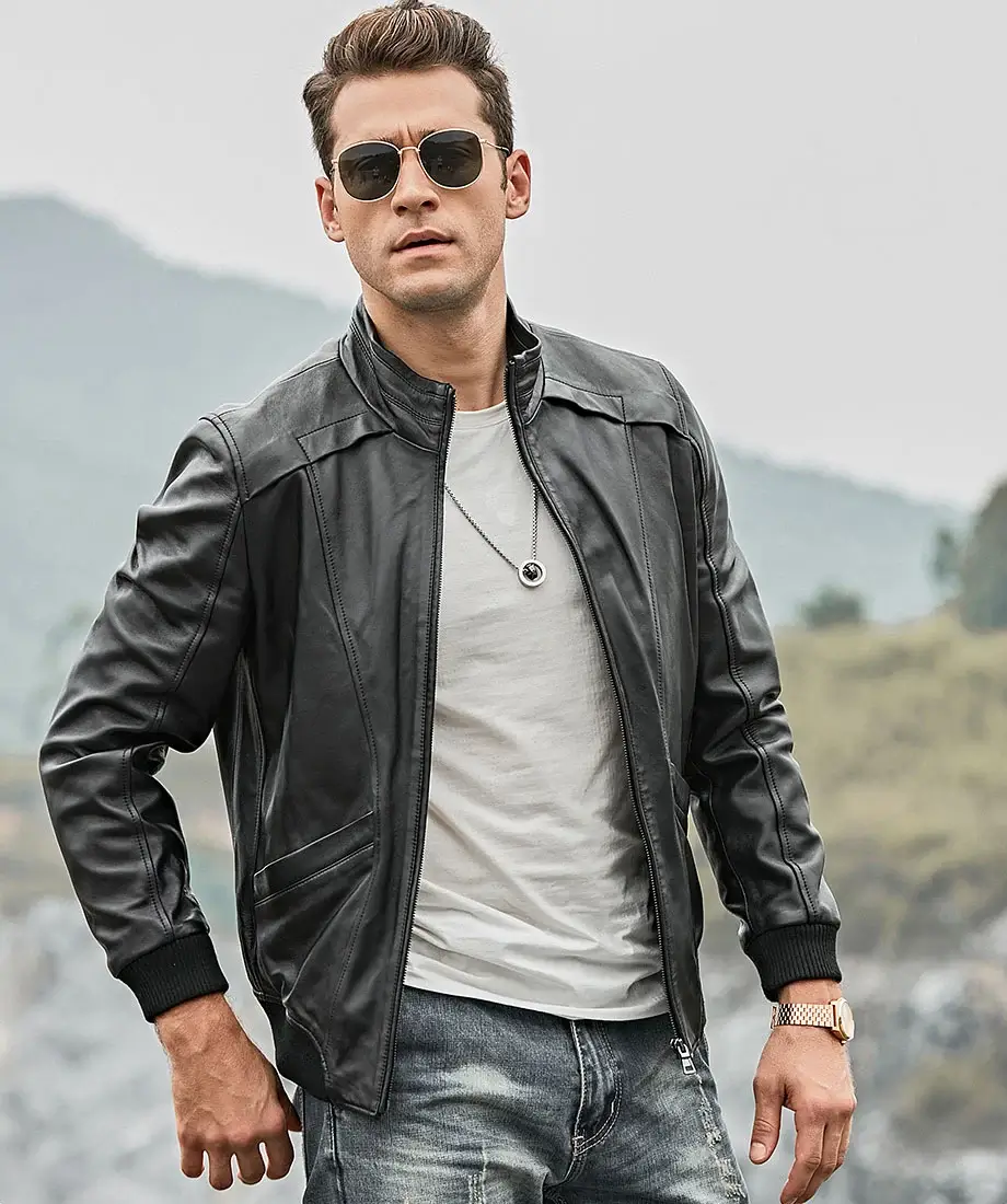 Detroit Men's Stand Collar Real Moto Leather Jacket - Image 4
