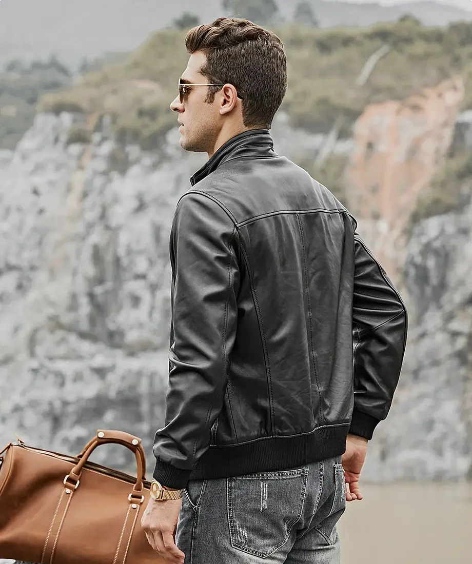 Detroit Men's Stand Collar Real Moto Leather Jacket - Image 5