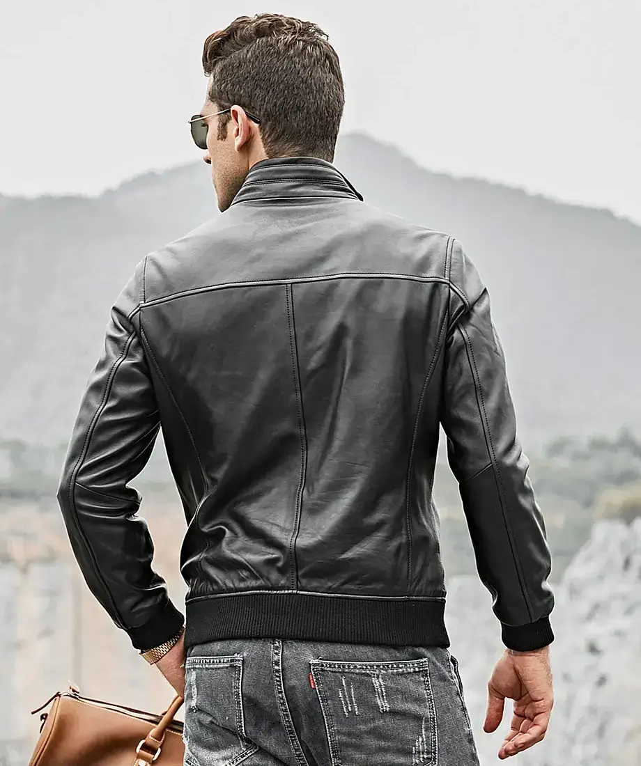 Detroit Men's Stand Collar Real Moto Leather Jacket - Image 6