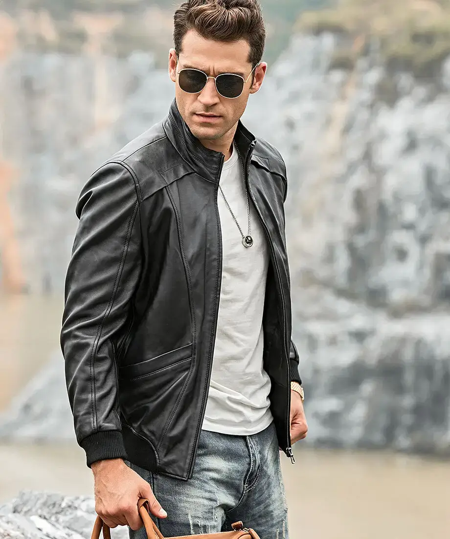 Detroit Men's Stand Collar Real Moto Leather Jacket - Image 2