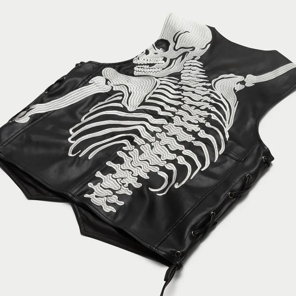 Flat view of NYC Godspeed Rod vest displaying full skeleton artwork