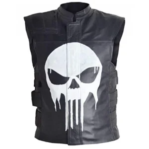 Front view of Frank Castle The Punisher black leather vest