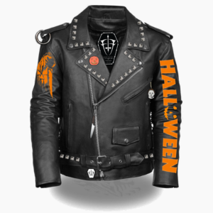 Halloween Black Leather Jacket studded with orange graphics.
