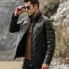 Houston Men's Puffer Real Leather Jacket Stand Fur Collar - Image 2