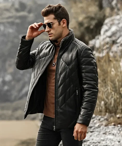 Alternative view of Houston Men's Puffer Real Leather Jacket Stand Fur Collar