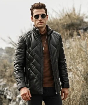 Houston Men's Puffer Real Leather Jacket Stand Fur Collar