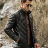 Houston Men's Puffer Real Leather Jacket Stand Fur Collar - Image 3