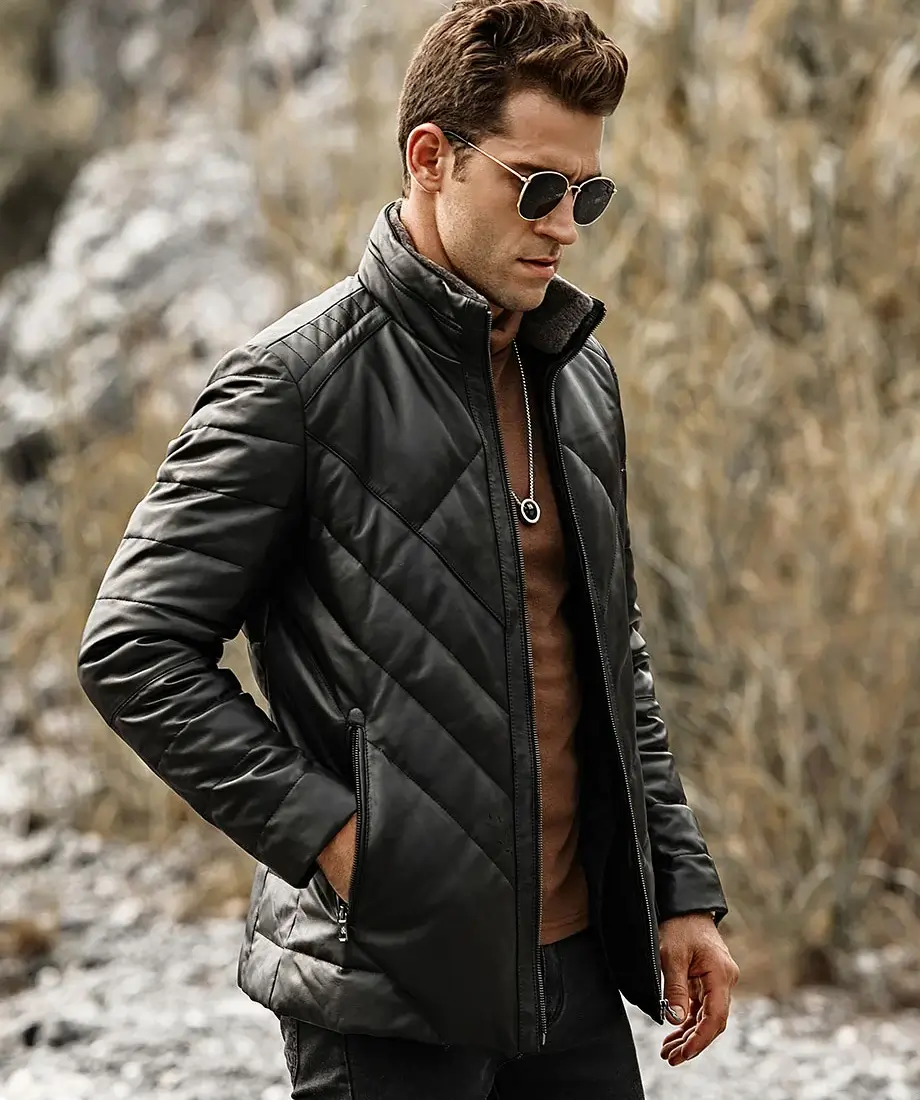 Houston Men's Puffer Real Leather Jacket Stand Fur Collar - Image 3