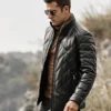 Houston Men's Puffer Real Leather Jacket Stand Fur Collar - Image 4