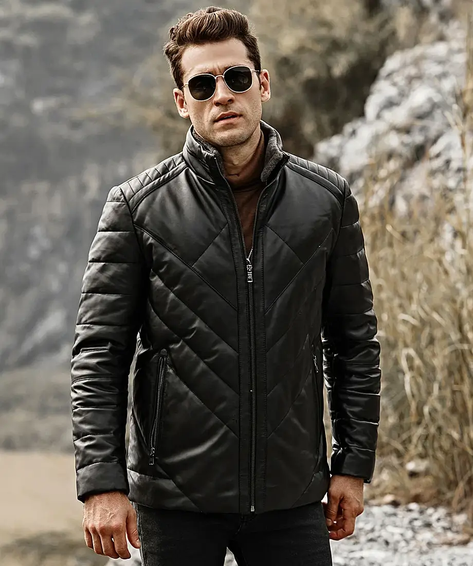 Houston Men's Puffer Real Leather Jacket Stand Fur Collar - Image 5