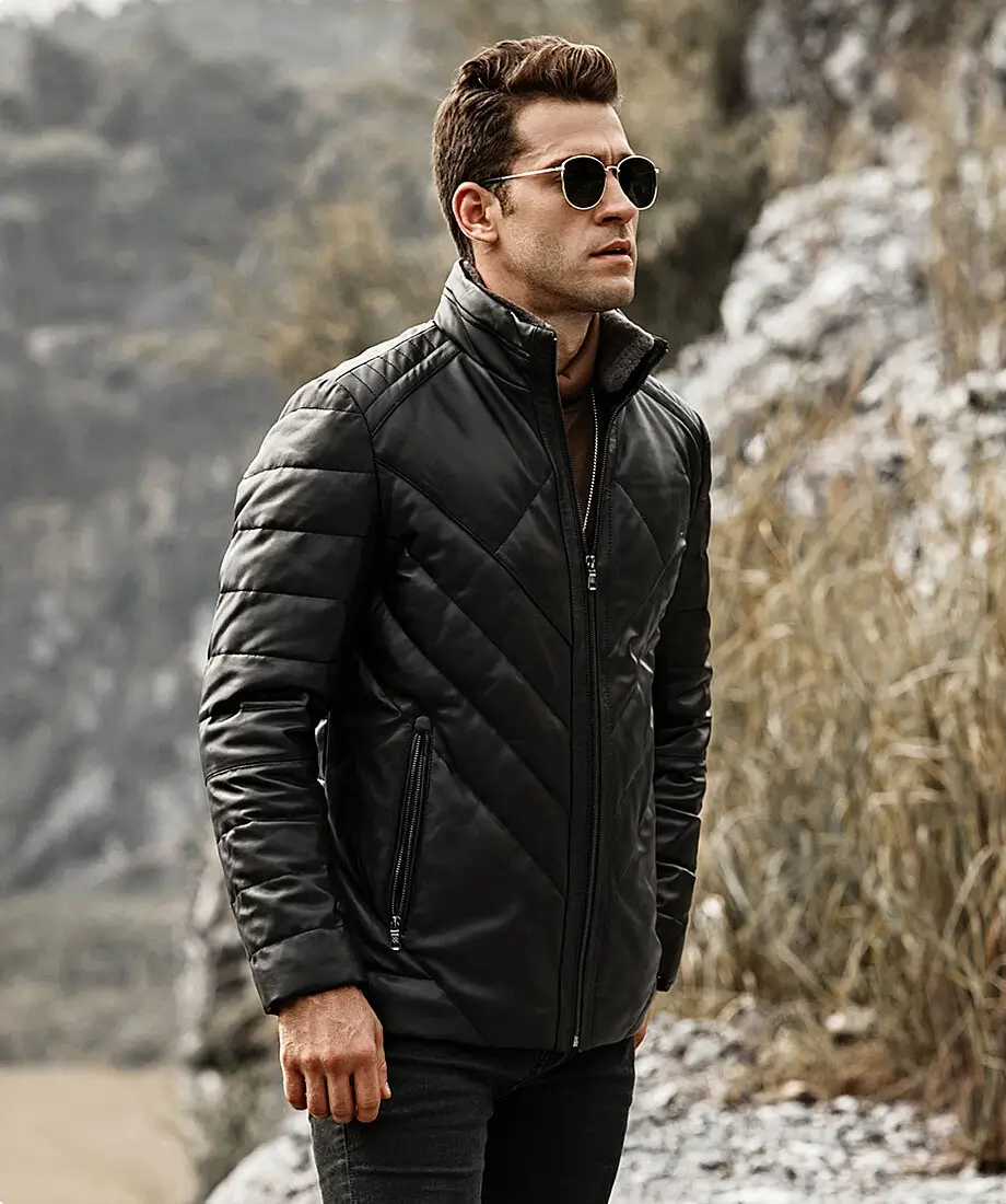 Houston Men's Puffer Real Leather Jacket Stand Fur Collar - Image 6