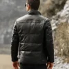 Houston Men's Puffer Real Leather Jacket Stand Fur Collar - Image 7