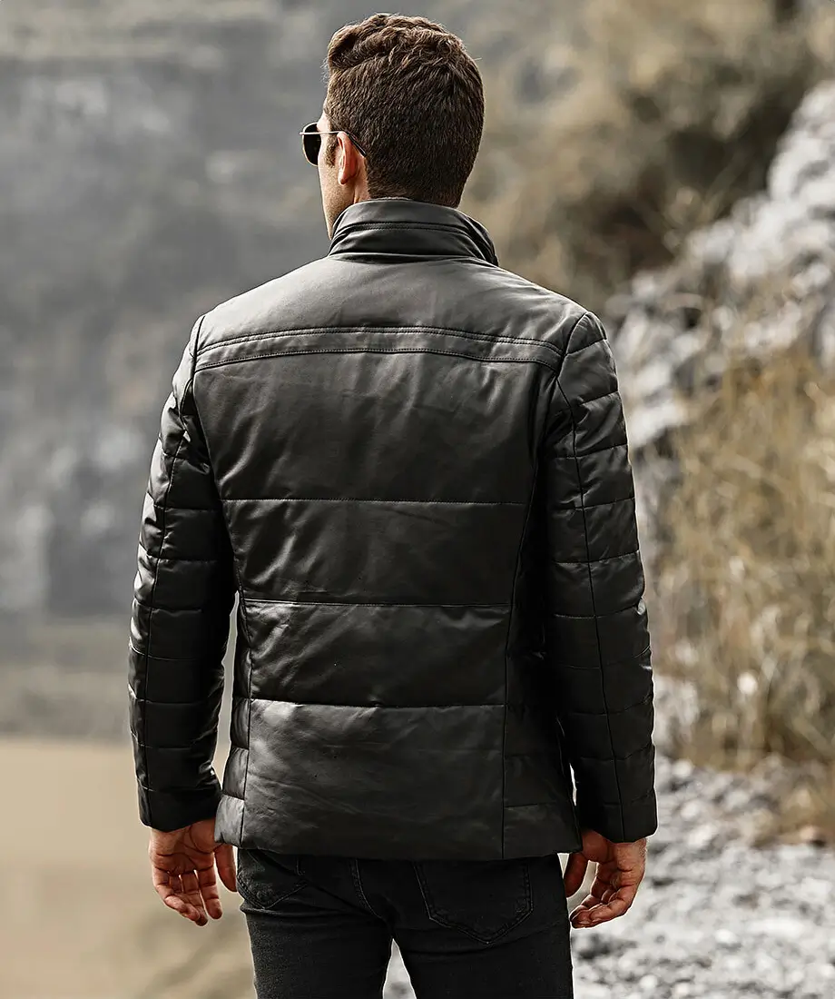 Houston Men's Puffer Real Leather Jacket Stand Fur Collar - Image 7