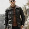 Memphis Men's Black Leather Puffer Coat with removable Fur Collar