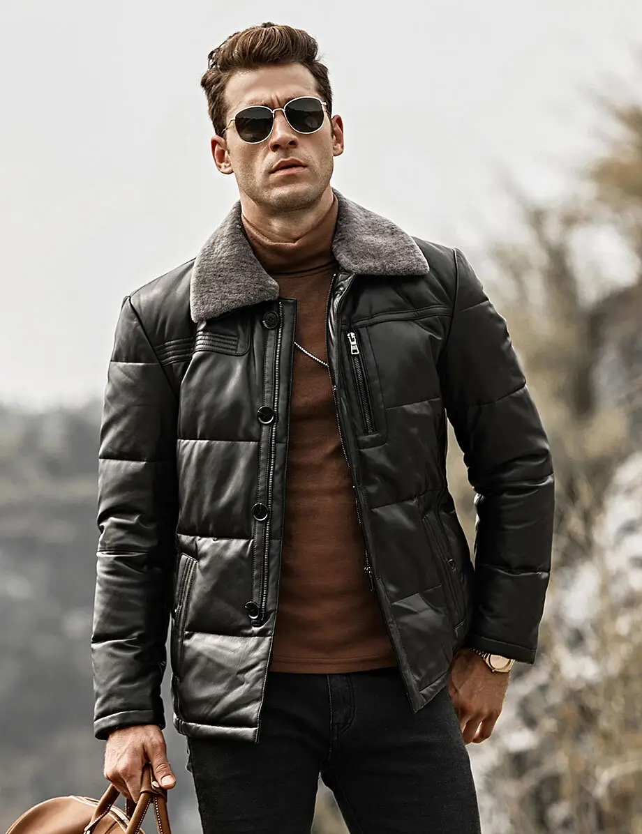 Memphis Men's Black Leather Puffer Coat with removable Fur Collar