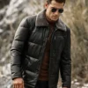Memphis Men's Black Leather Puffer Coat with removable Fur Collar - Image 2