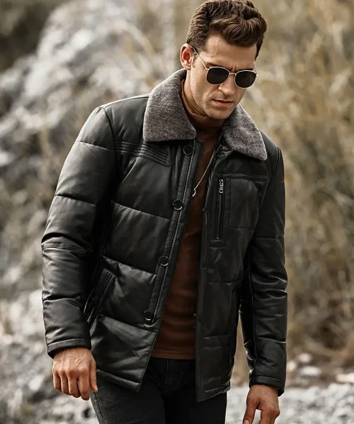 Alternative view of Memphis Men's Black Leather Puffer Coat with removable Fur Collar