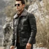 Memphis Men's Black Leather Puffer Coat with removable Fur Collar - Image 3