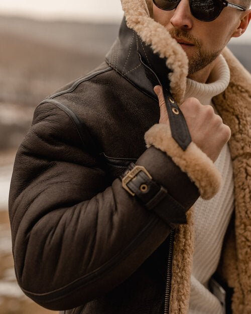Men's Brown B3 Flying Aviator Shearling Sheepskin Leather Jacket - Image 5