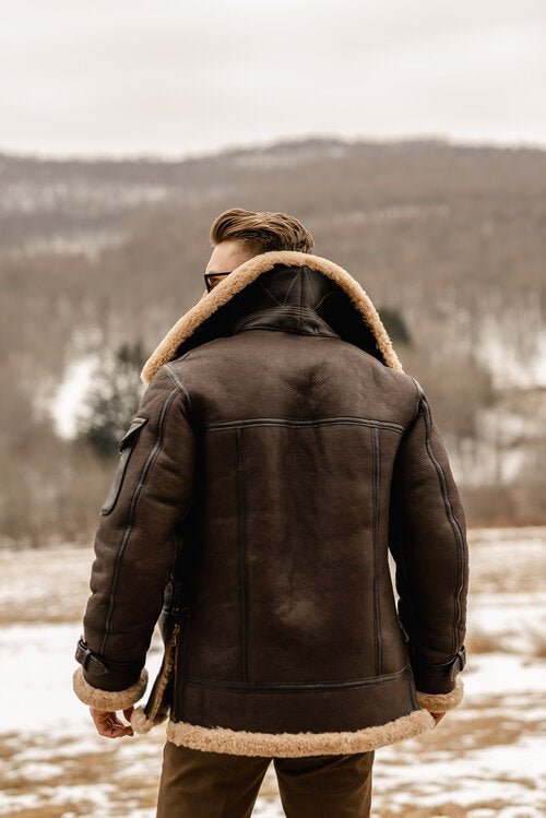 Men's Brown B3 Flying Aviator Shearling Sheepskin Leather Jacket - Image 7