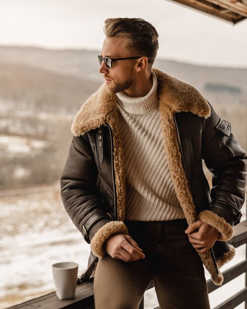 Men's Brown B3 Flying Aviator Shearling Sheepskin Leather Jacket - Image 6