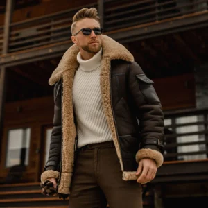 Men's Brown B3 Flying Aviator Shearling Sheepskin Leather Jacket