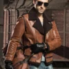 Men's Brown Faux Shearling Sheepskin Leather Jacket - Image 2