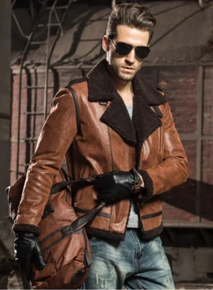 Alternative view of Men's Brown Faux Shearling Sheepskin Leather Jacket