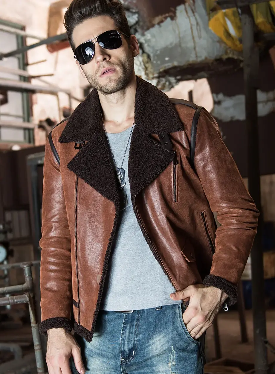 Men's Brown Faux Shearling Sheepskin Leather Jacket - Image 5