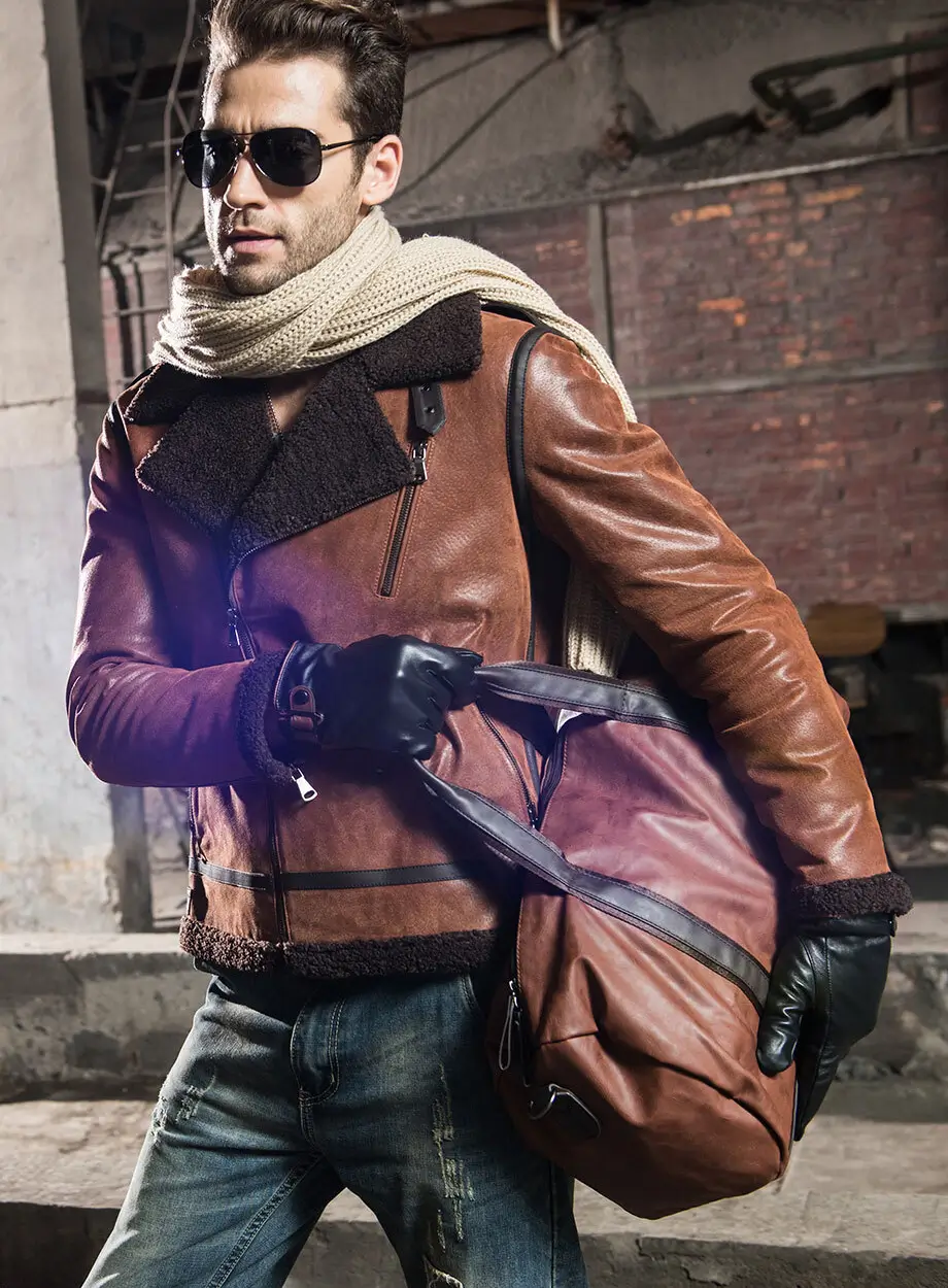 Men's Brown Faux Shearling Sheepskin Leather Jacket - Image 6