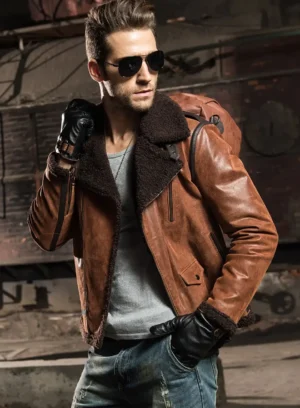 Men's Brown Faux Shearling Sheepskin Leather Jacket