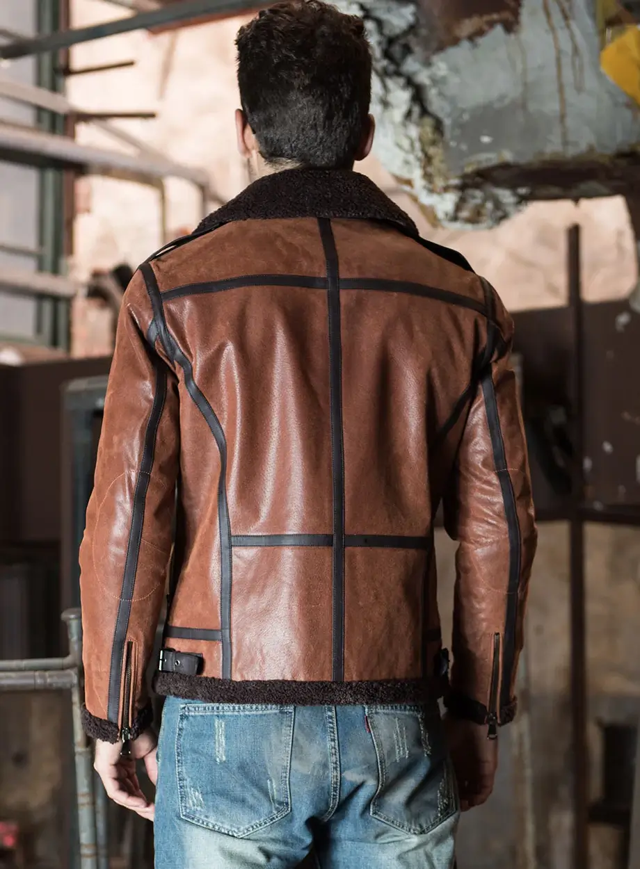 Men's Brown Faux Shearling Sheepskin Leather Jacket - Image 8