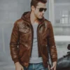 Men's Brown Leather Flavor Moto Jacket with Removable Hooded - Image 3