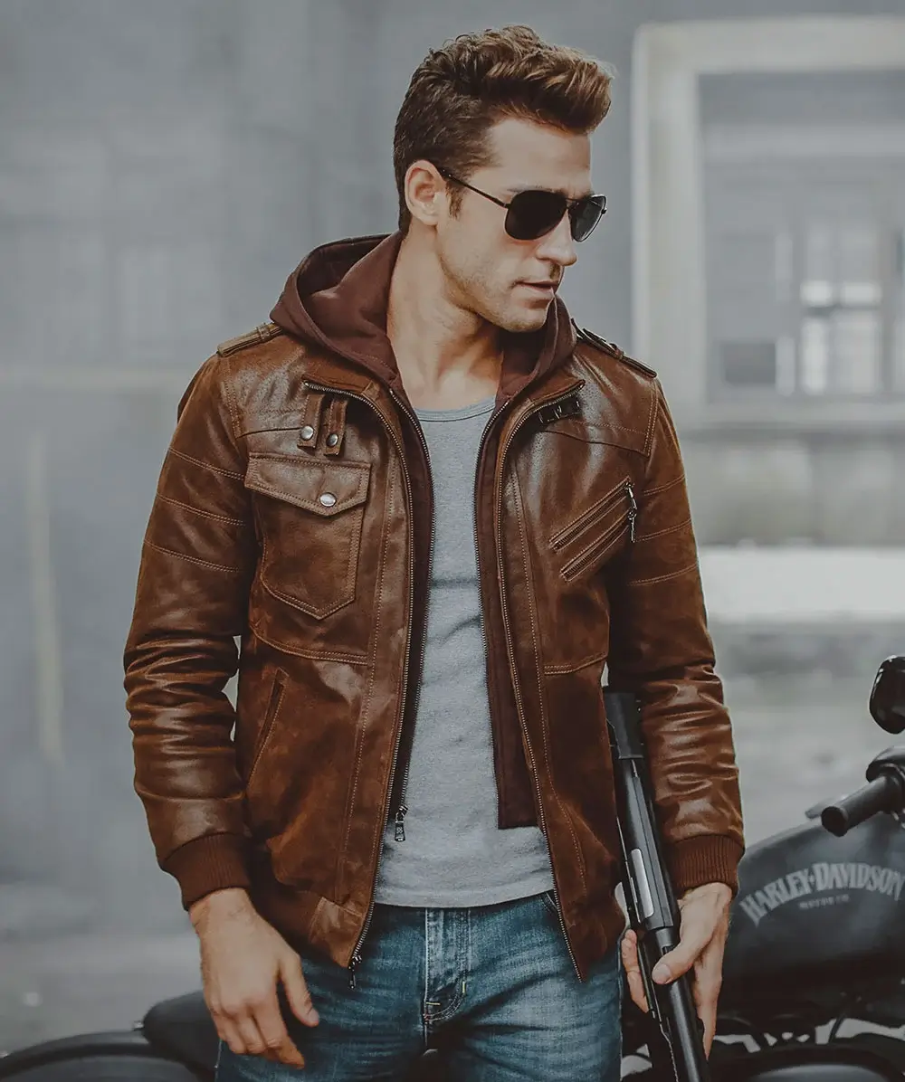 Men's Brown Leather Flavor Moto Jacket with Removable Hooded - Image 3