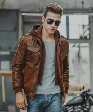Men's Brown Leather Flavor Moto Jacket with Removable Hooded