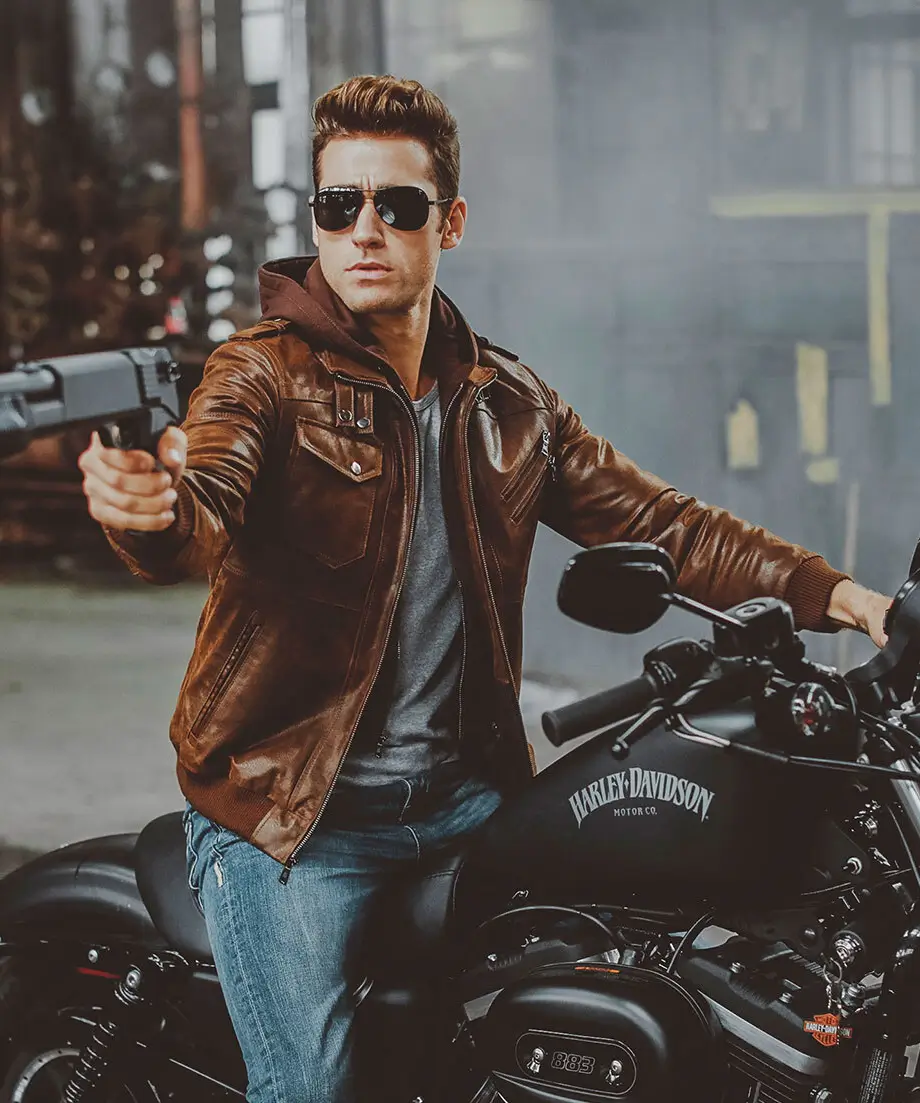 Men's Brown Leather Flavor Moto Jacket with Removable Hooded - Image 4