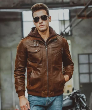 Alternative view of Men's Brown Leather Flavor Moto Jacket with Removable Hooded