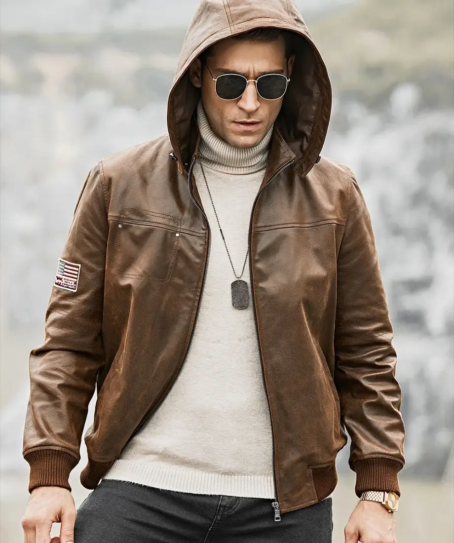 Men's Brown Real Flavor Leather Jacket Removable Hooded - Image 5