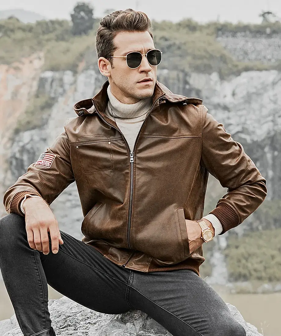 Men's Brown Real Flavor Leather Jacket Removable Hooded - Image 9